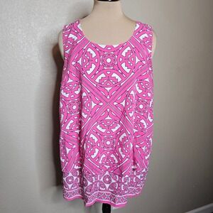 Crown & Ivy Woman Pink Geometric Medallion Sleeveless Tiered Blouse 1X Rayon